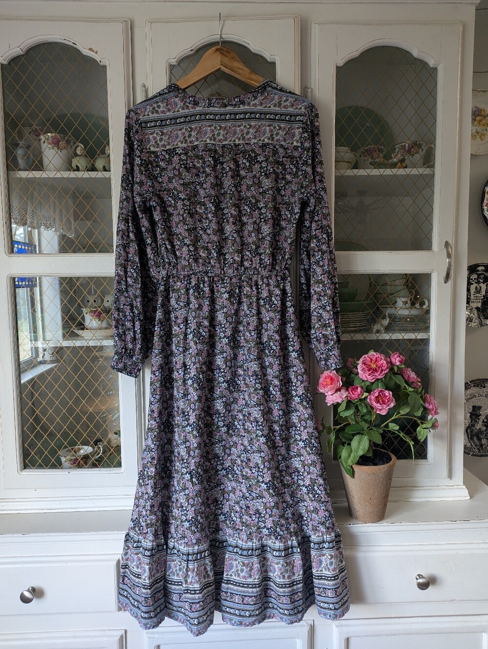 ๐๐ธLB Prairie Floral Boho Long-Sleeve Midi Dress Lavender Navy Made Festival - Picture 10 of 14